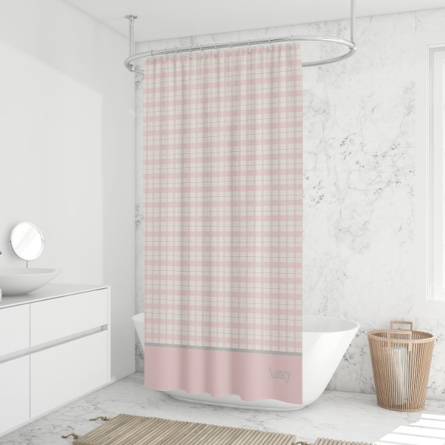 Rideaux De Douche Nom personnalisé Pink Simple Plaid Foyer (Simple Pink Plaid Custom Name Farmhouse Shower Curtain)
