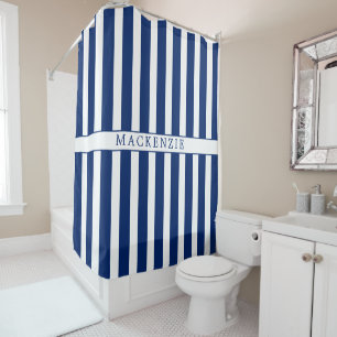 Rideaux De Douche Nom personnalisé rayures verticales bleu marine et