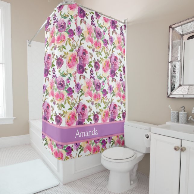 Rideaux De Douche Nom personnalisé rose violet Roses Floral Girly te (En situation)