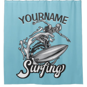 Rideaux De Douche NOM personnalisé Surfer Big Wave Skeleton Surfing