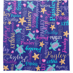 Rideaux De Douche Nom tortue motif bleu rose aqua corail