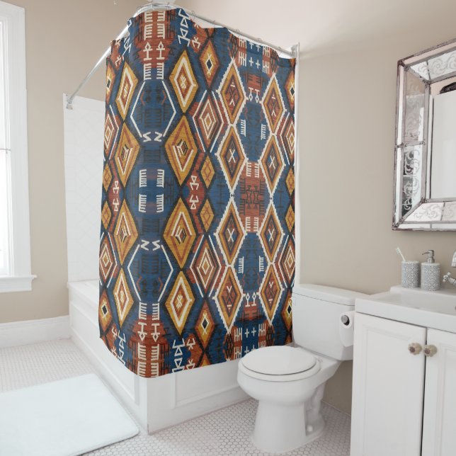 Rideaux De Douche Nomade Indigo Terrien – Patchwork Tribal Artisanal (En situation)
