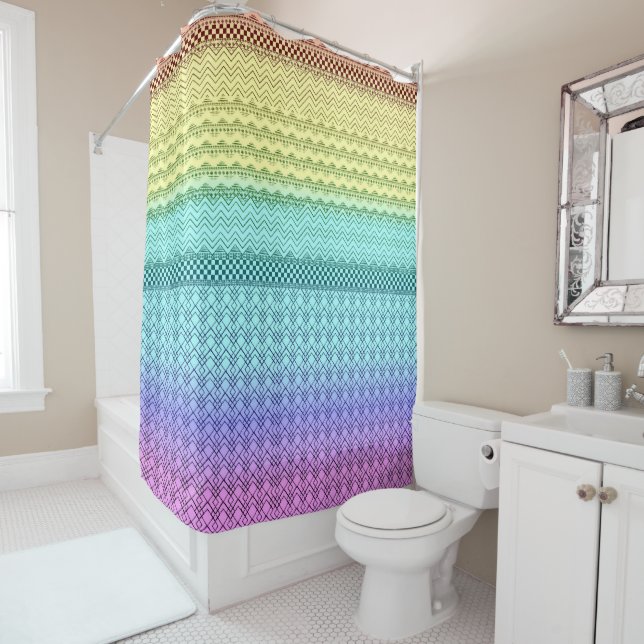 Rideaux De Douche Nordique Boho Bohemian Tribal Rainbow Unique Aztec (En situation)
