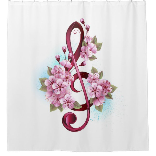 Rideaux De Douche Notes de clef musicale en treble avec des fleurs S (Devant)