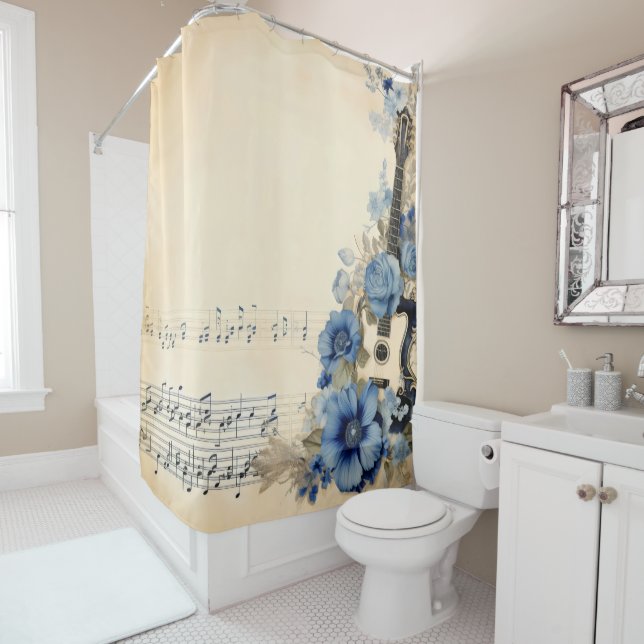 Rideaux De Douche Notes de musique de guitare bleue Fleurs (En situation)