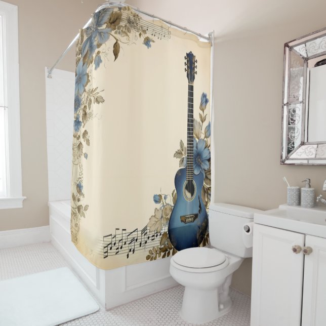 Rideaux De Douche Notes de musique de guitare bleue Fleurs (En situation)