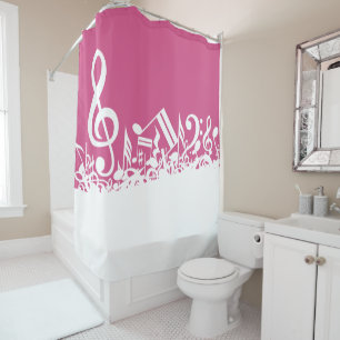 Rideaux De Douche Notes musicales brouillées Hot rose et blanc