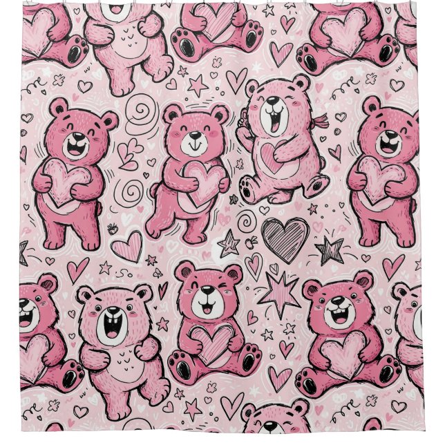 Rideaux De Douche Nounours Mignon Rose Motif (Devant)