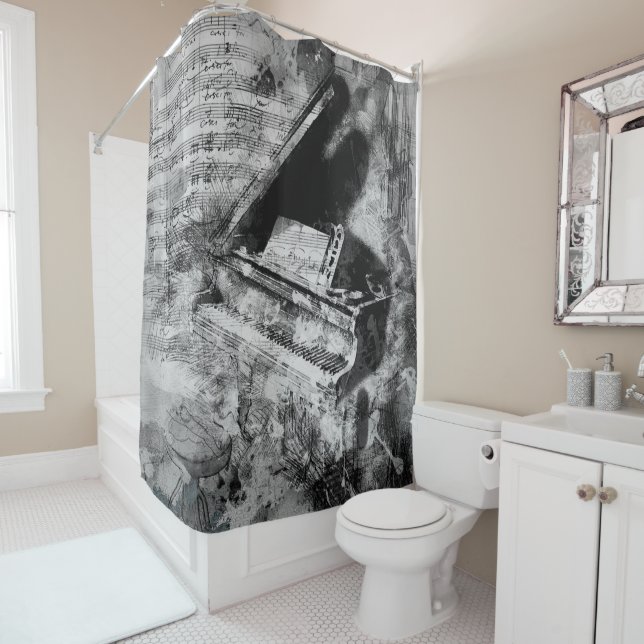 Rideaux De Douche Nouveauté amusante Piano Musique Notes Collage Art (En situation)