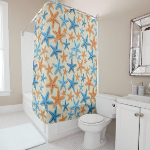 RIDEAUX DE DOUCHE NUANCES DE BLEU ET D'ORANGE ÉTOILE DE MER TROPICAL