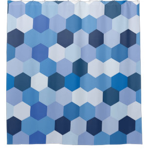 Rideaux De Douche Nuances modernes de blues Blancs Hexagonal Géométr