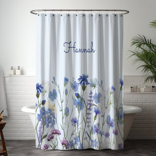 Rideaux De Douche Nurserie de fleurs sauvages à aquarelle bleue mono