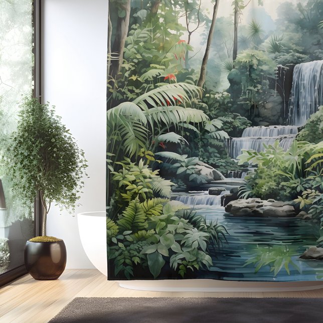 Rideaux De Douche Oasis de cascade botanique à l'aquarelle (Créateur téléchargé)