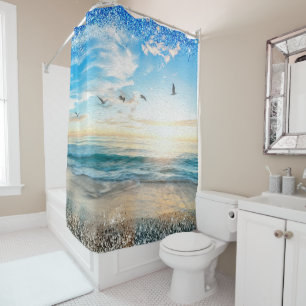 Rideaux De Douche Ocean Beach Sunrise Birds Parties scintillant sola