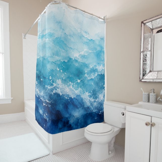Rideaux De Douche Océan bleu aquarelle abstrait (En situation)