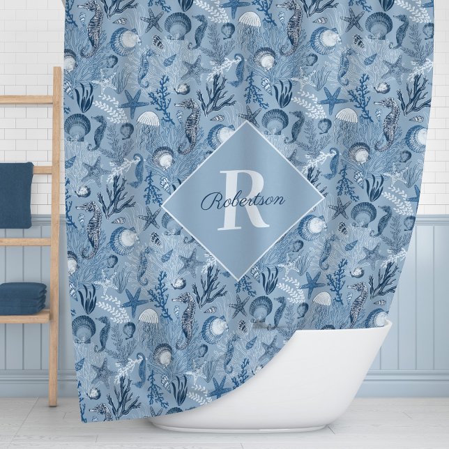 Rideaux De Douche Océan bleu Vie marine Monogramme Côté (Créateur téléchargé)