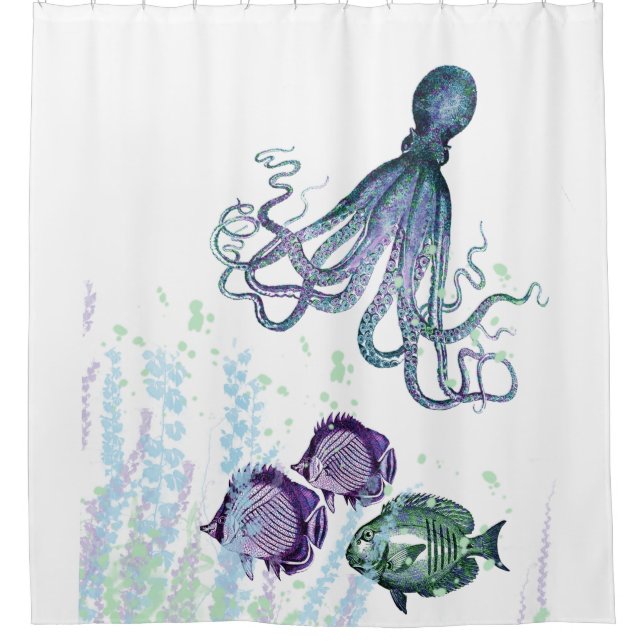 Rideaux De Douche Océan Octopus Indigo Blue Mauve Green Sous-marin (Devant)