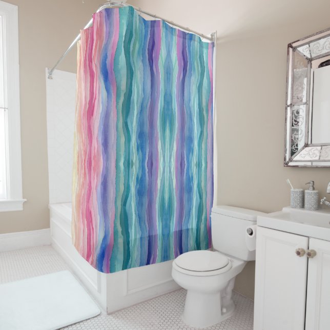 Rideaux De Douche Ocean Waves Watercolor Arc en ciel (En situation)