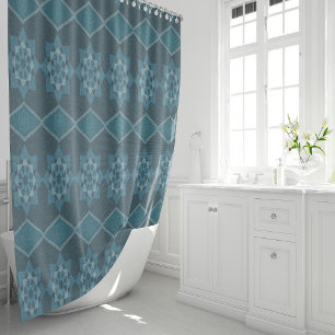 Rideaux De Douche Octagon floral vert turquoise et diagonale