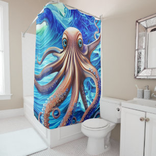 Rideaux De Douche Octopus coloré Bleu Océan Vague Réalisme