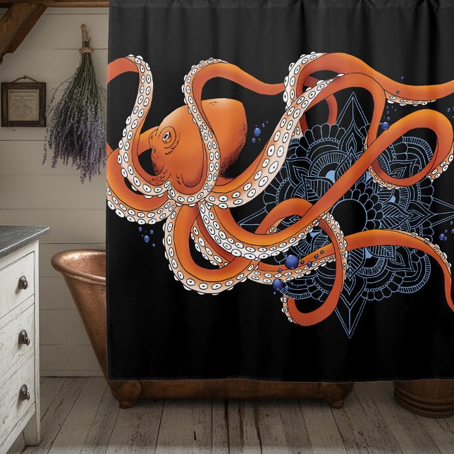 Rideaux De Douche Octopus Orange Mandala bleu (Créateur téléchargé)