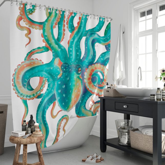 Rideaux De Douche Octopus Turquoise aquarelle Art (Créateur téléchargé)