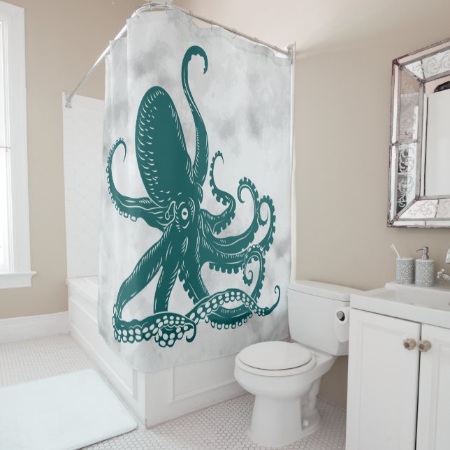 Rideaux De Douche Octopus turquoise sur Arrière - plan antique (En situation)