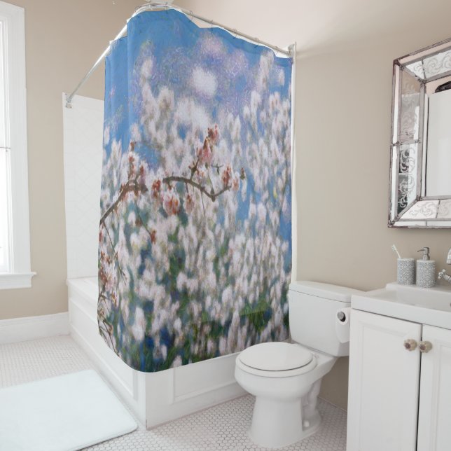 Rideaux De Douche Oeuvre de Pointillisme d'amandiers en fleurs (En situation)