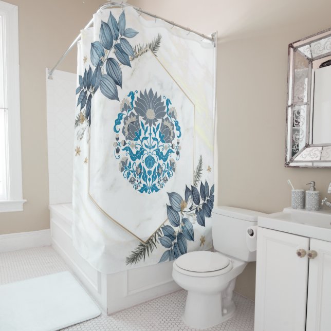 Rideaux De Douche Oeuvre Graphique Florale, Mandala Floral Turquoise (En situation)