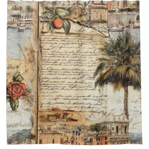 Rideaux De Douche Oeuvre méditerranéenne vintage avec Palm et Script