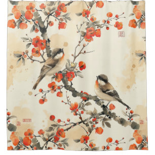 Rideaux De Douche Oiseaux chantants orientaux et floraison - Asie tr