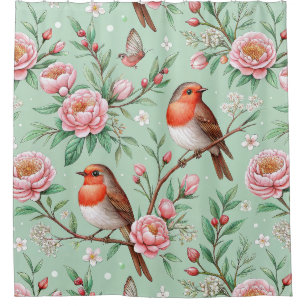 Rideaux De Douche Oiseaux Chanteurs Artistiques Fleur Rose - Palette