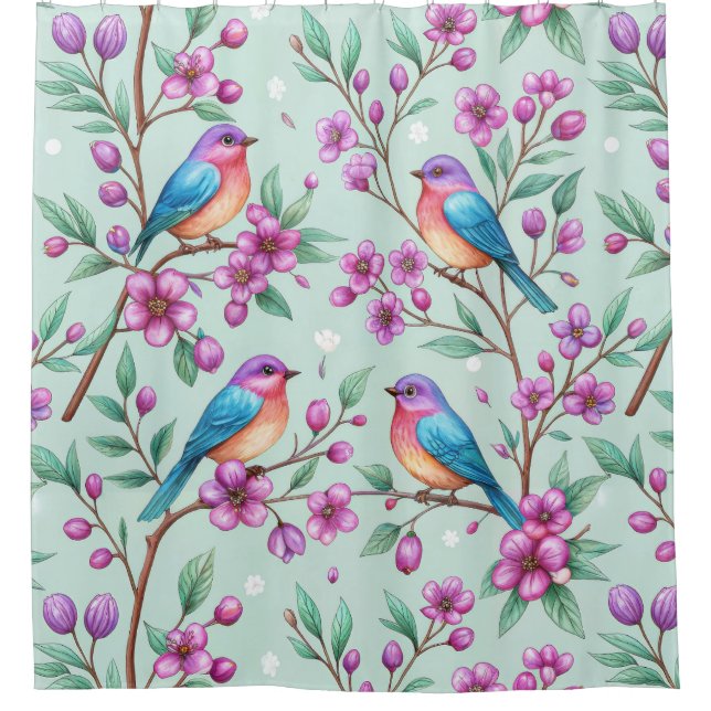 Rideaux De Douche Oiseaux chanteurs et Fleurs Violettes - Menthe Dou (Devant)