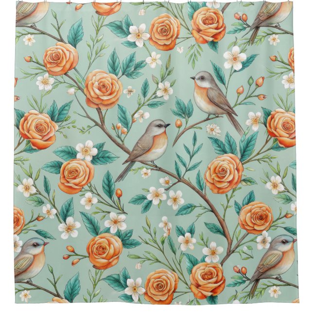 Rideaux De Douche Oiseaux chanteurs vibrants Fleurs oranges Feuilles (Devant)