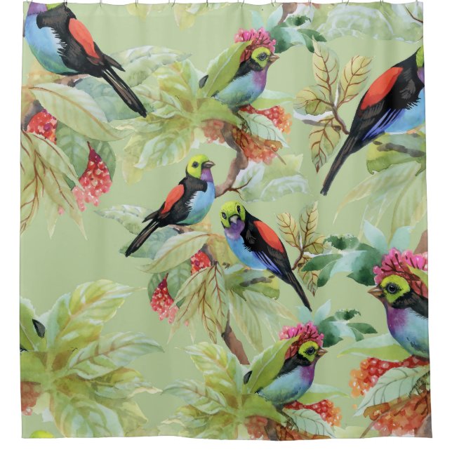 Rideaux De Douche Oiseaux de fleurs d'été : Motif tropical (Devant)