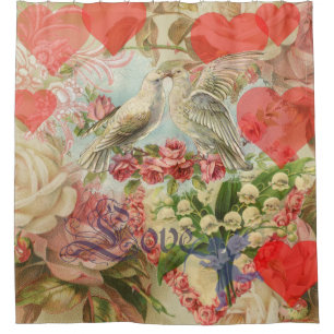 Rideaux De Douche Oiseaux de l'amour Vintage Antique Cœur
