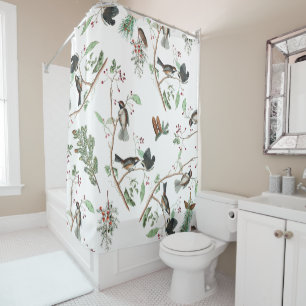 Rideaux De Douche Oiseaux de poulet Baies et Pinecones Aquarelle