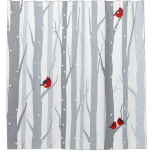 Rideaux De Douche Oiseaux d'hiver : Arbres gris, Oiseaux rouges