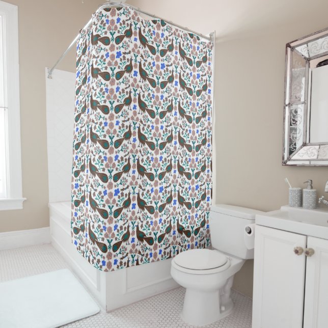 Rideaux De Douche Oiseaux et fleurs Boho Folk Motif (En situation)