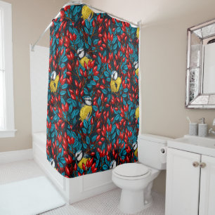 Rideaux De Douche Oiseaux et hanches roses de chien, bleu et rouge