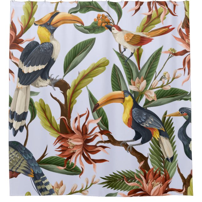 Rideaux De Douche Oiseaux & Fleurs : Motif Vintage tropical. (Devant)