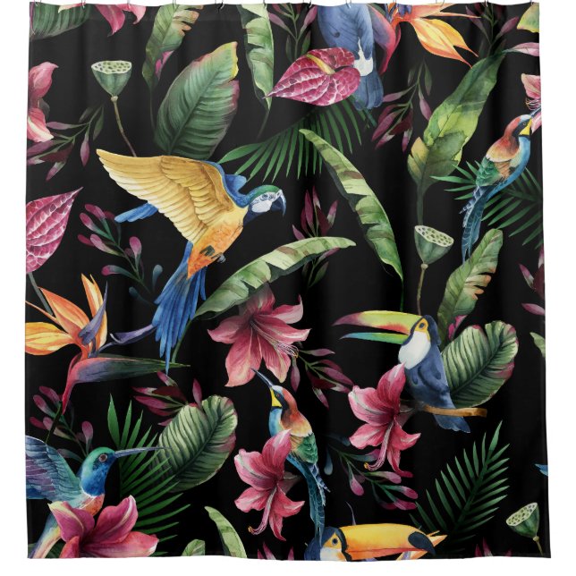 Rideaux De Douche Oiseaux tropicaux, fleurs : motif d'aquarelle. (Devant)