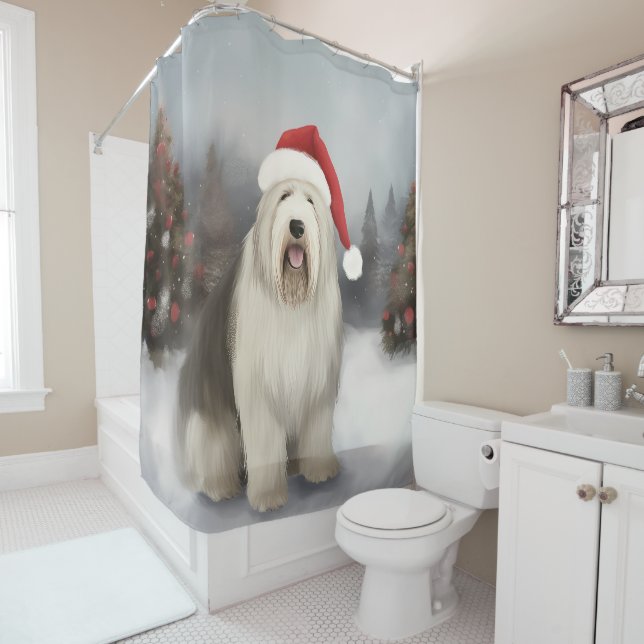 Rideaux De Douche Old English Sheepdog en Noël de neige (En situation)
