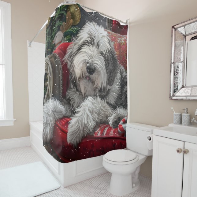 Rideaux De Douche Old English Sheepdog Festive de Noël (En situation)