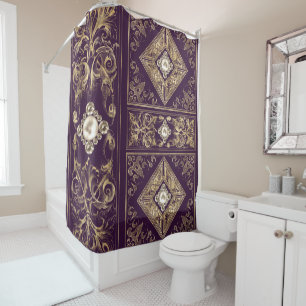 Rideaux De Douche Opulence ornée Flouris pourpre et or bijoux