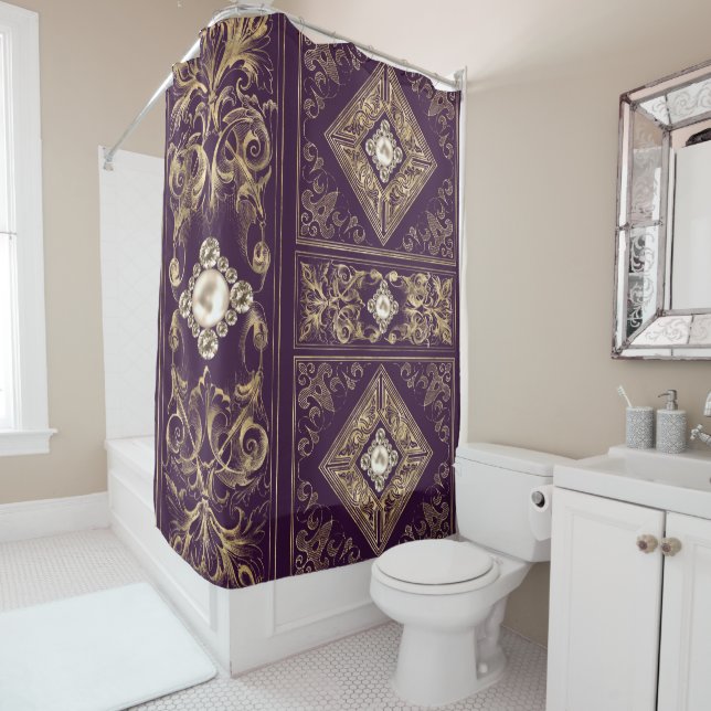 Rideaux De Douche Opulence ornée | Flouris pourpre et or bijoux (En situation)