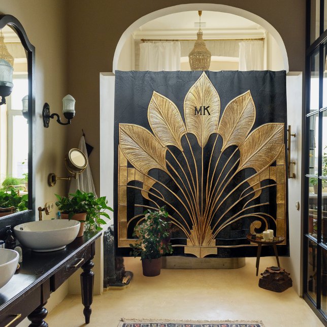 Rideaux De Douche Opulent Art Déco des années 1920 Noir et Or (Bold black and gold Art Deco inspired shower curtain for business or home with personalized initials)