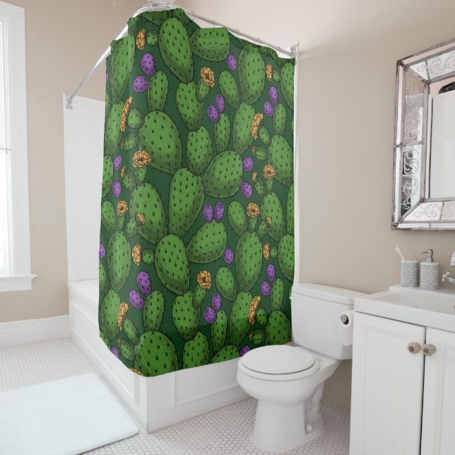Rideaux De Douche Opuntie de floraison sur vert foncé (En situation)