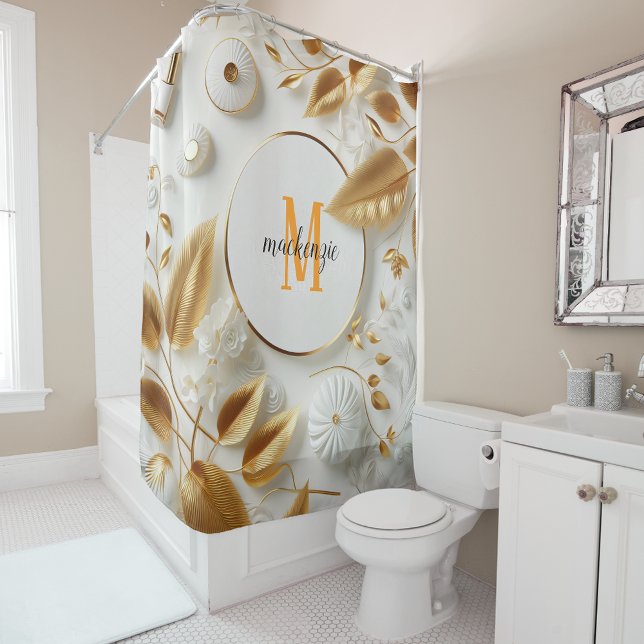 Rideaux De Douche Or Monogramme Moderne Script Luxe Blanc Doré Orang (Créateur téléchargé)