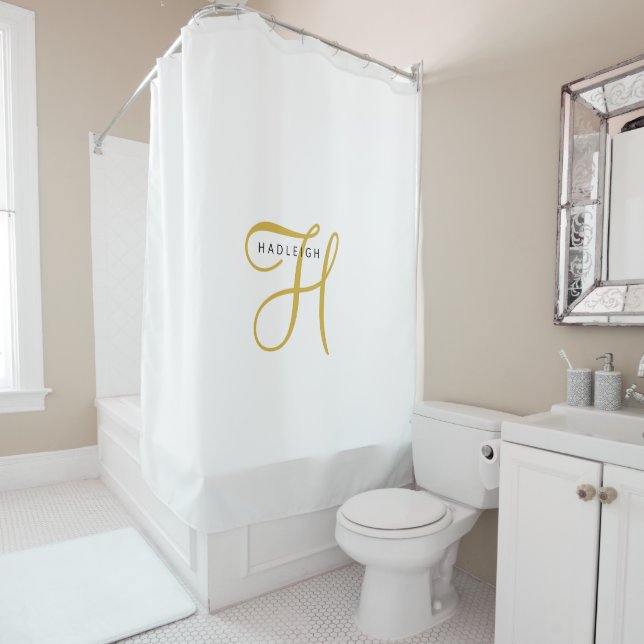 Rideaux De Douche Or Monogramme Noir Blanc (En situation)